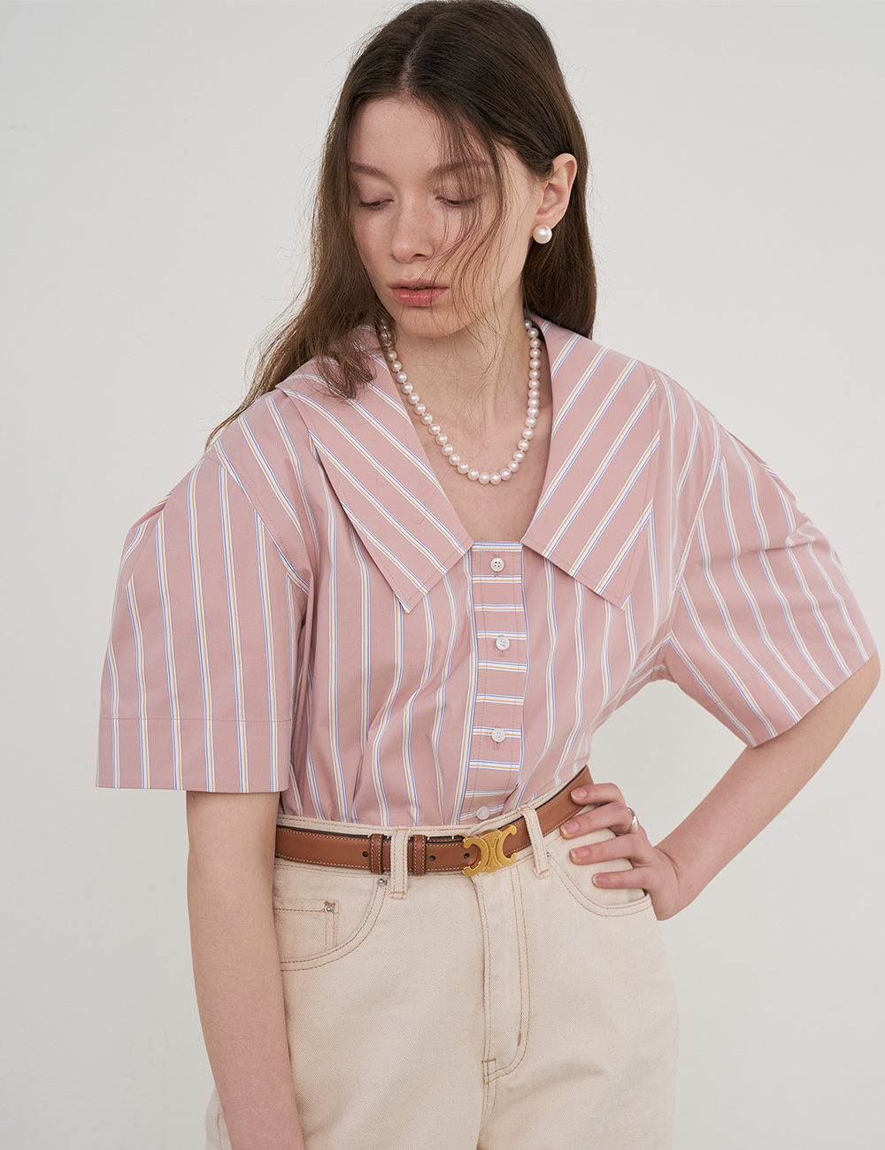 [REFURB] Stripe Roni Big Collar Blouse (Blush Pink)